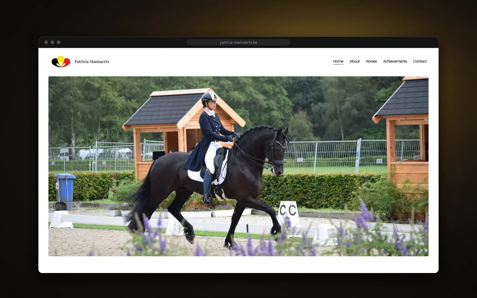 Patricia Mannaerts riding a Friesian stallion on the homepage hero