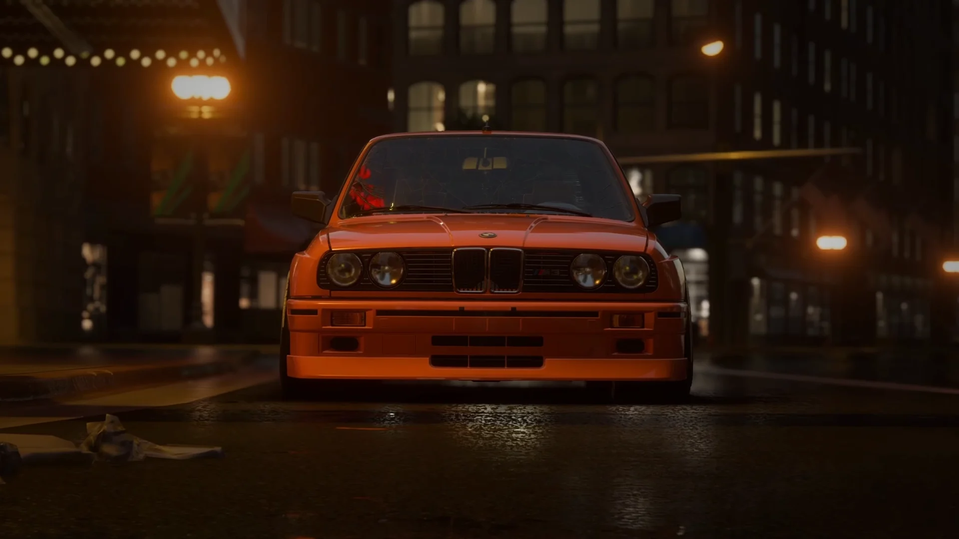Cinematic still from E30: an orange BMW E30 on a wet city street at night