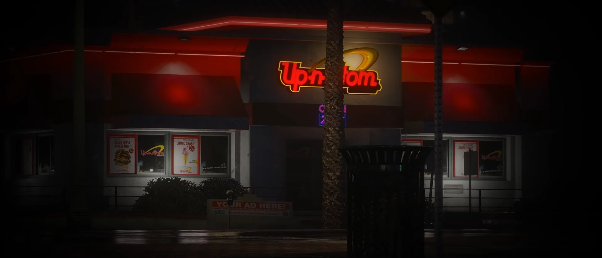Cinematic still from Up-n-Atom: a neon-lit burger restaurant at night