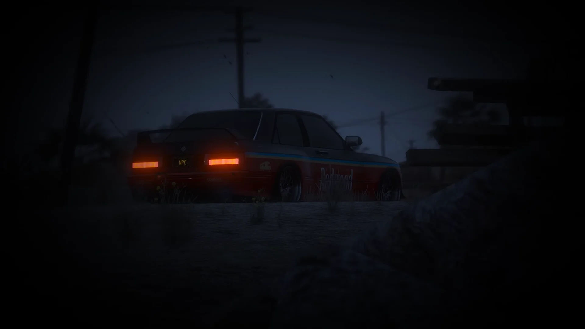 Cinematic still from Redwood: taillights of a car in blue dusk