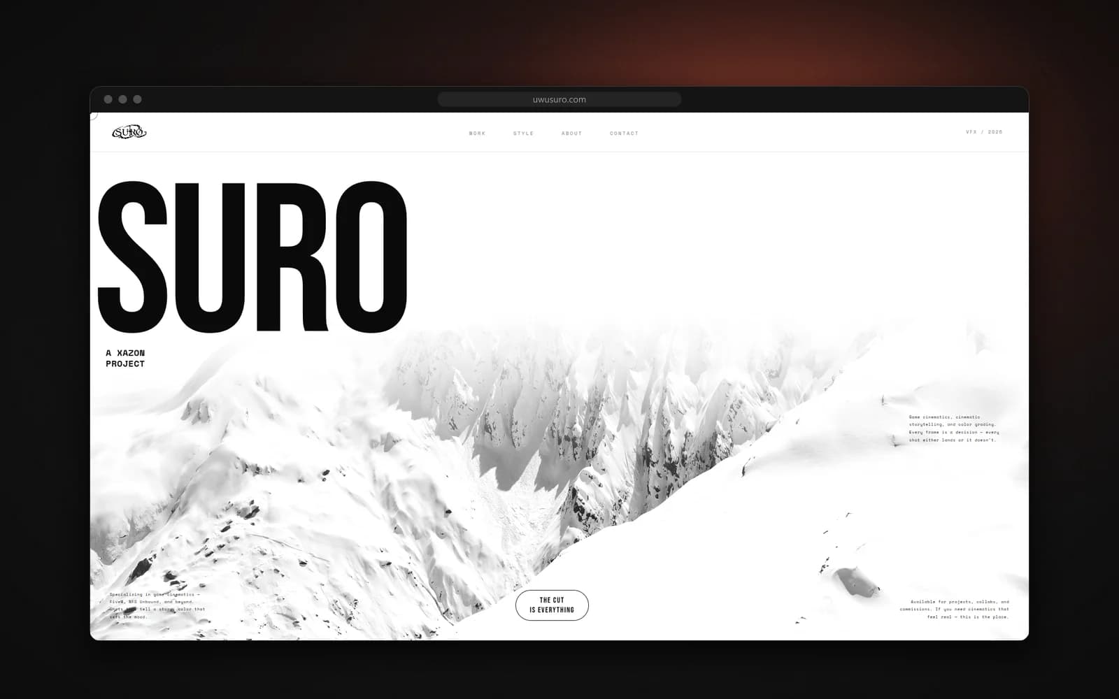 Suro homepage: oversized SURO wordmark over a snowy mountain ridge