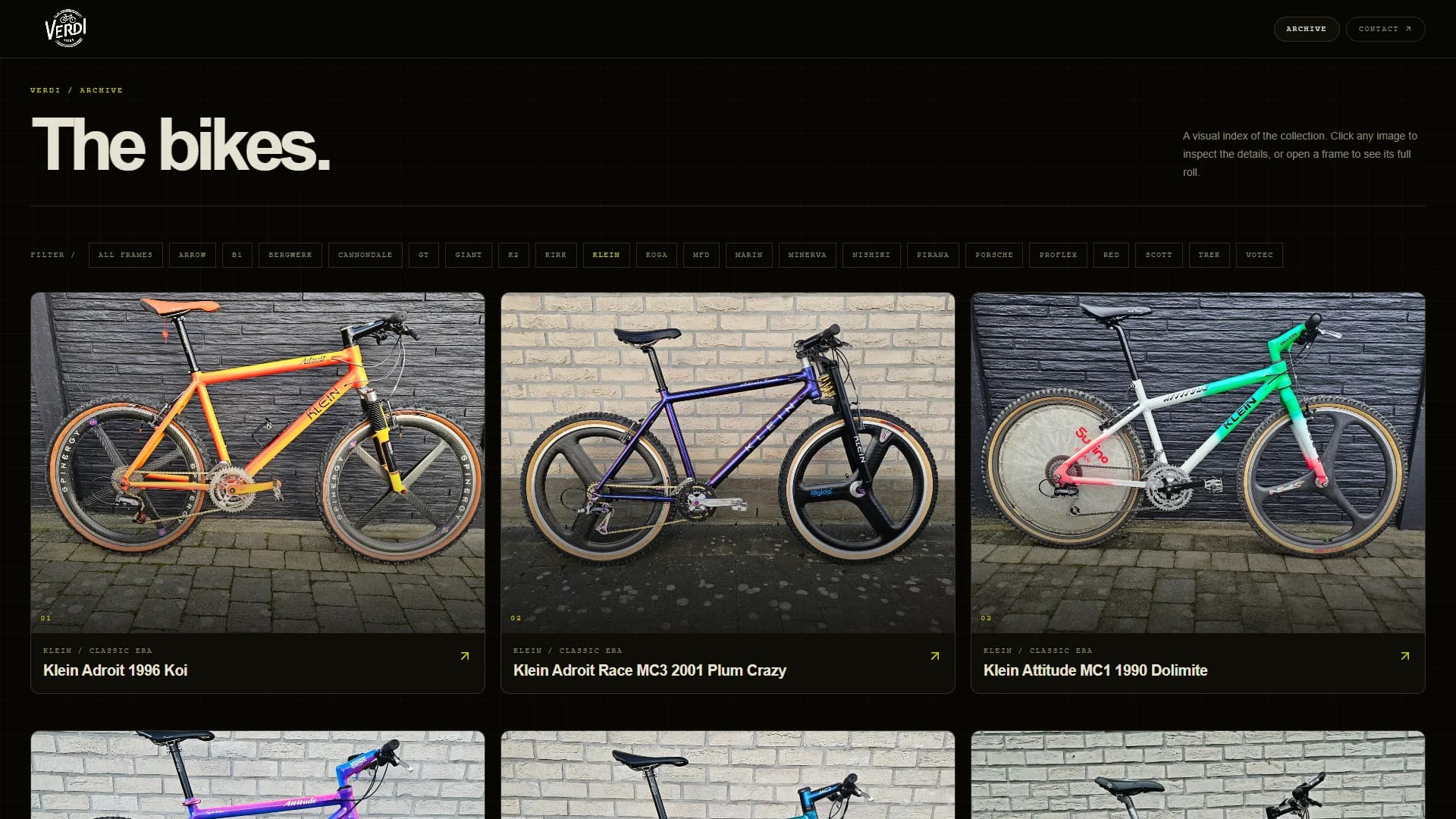 The archive index filtered by brand, showing Klein frames