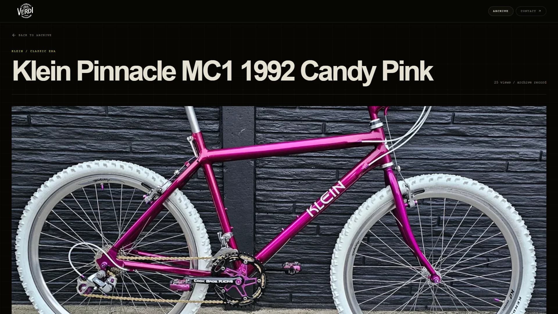 Bike record page for the Klein Pinnacle MC1 1992 Candy Pink