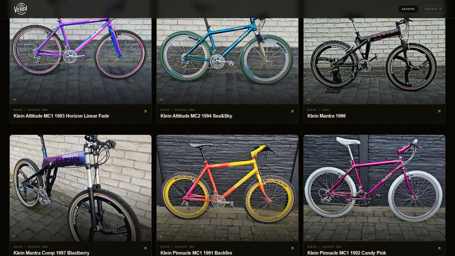 Grid of colourful Klein mountain bikes from the 1990s