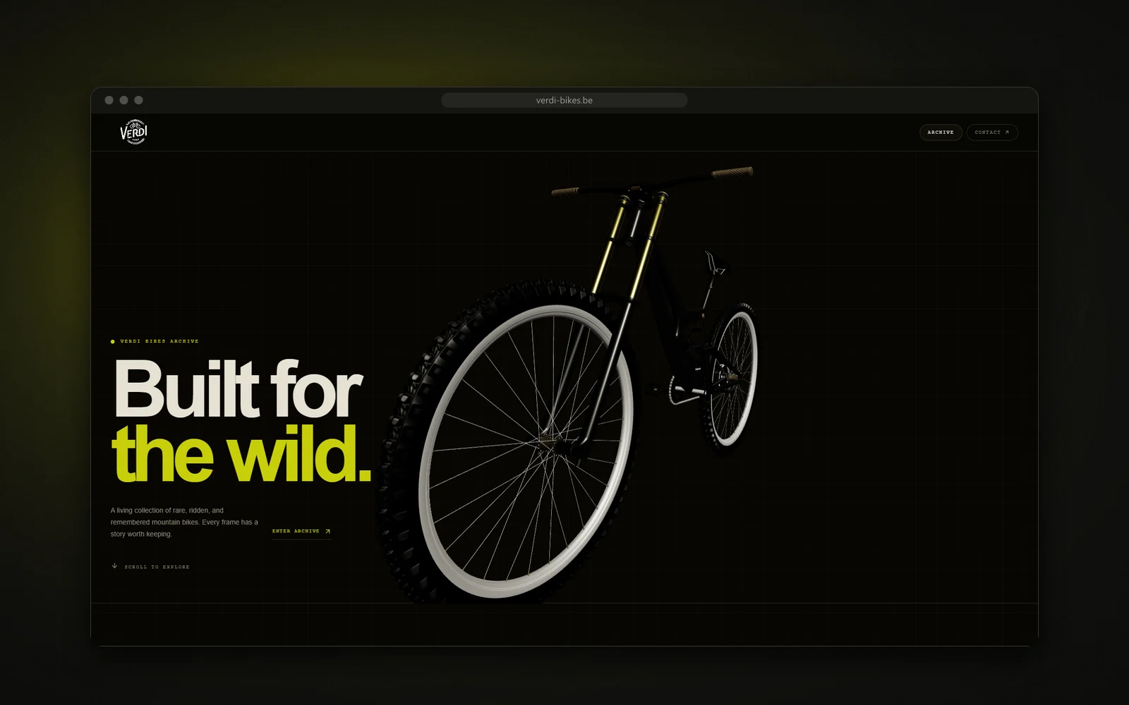 Verdi Bikes homepage: "Built for the wild." beside a 3D mountain bike