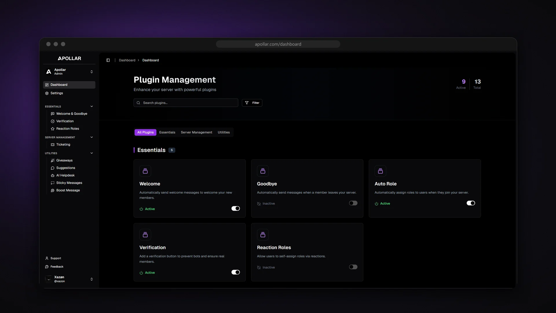 Apollar dashboard: plugin management with essentials toggles