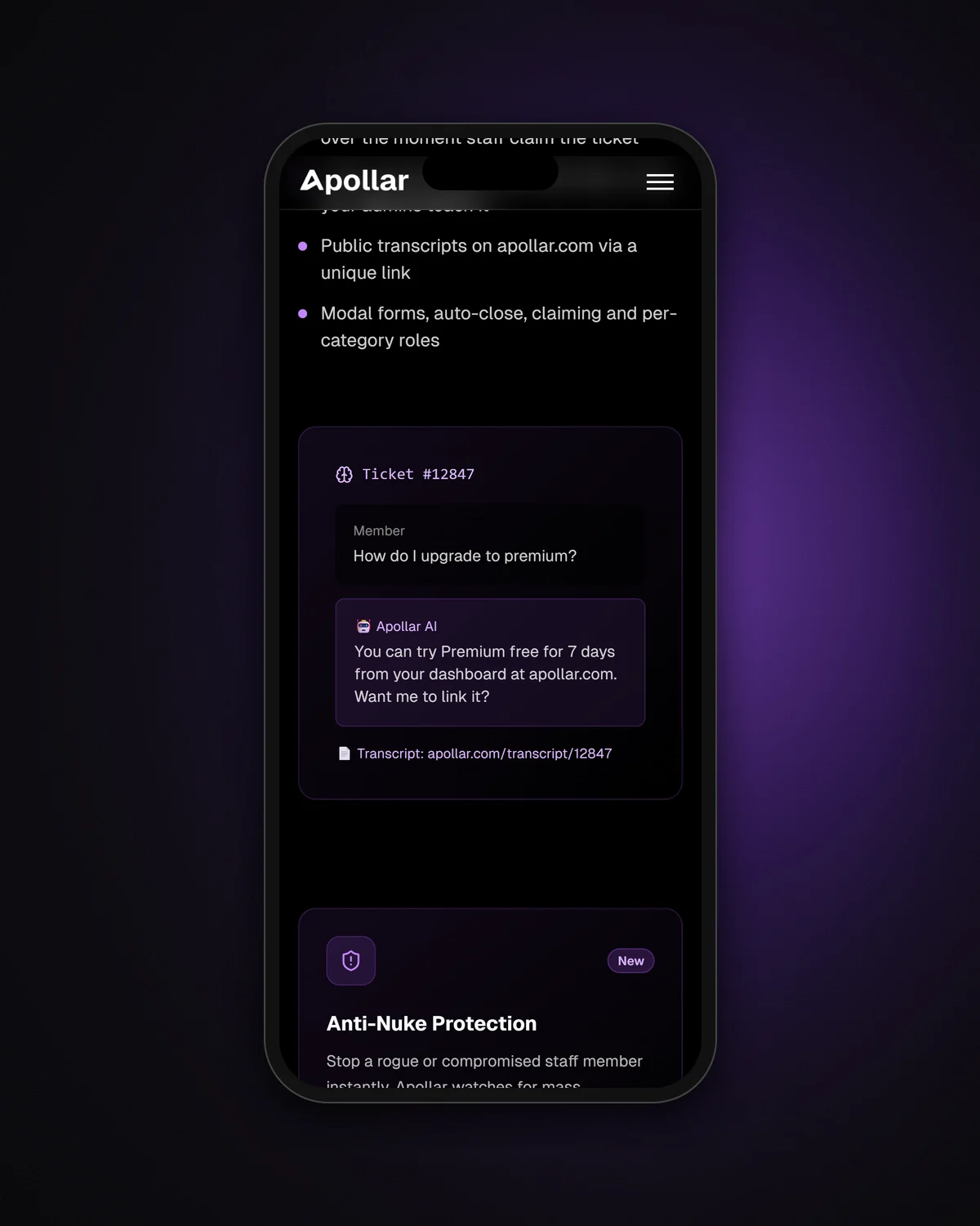 AI ticket conversation preview on a phone