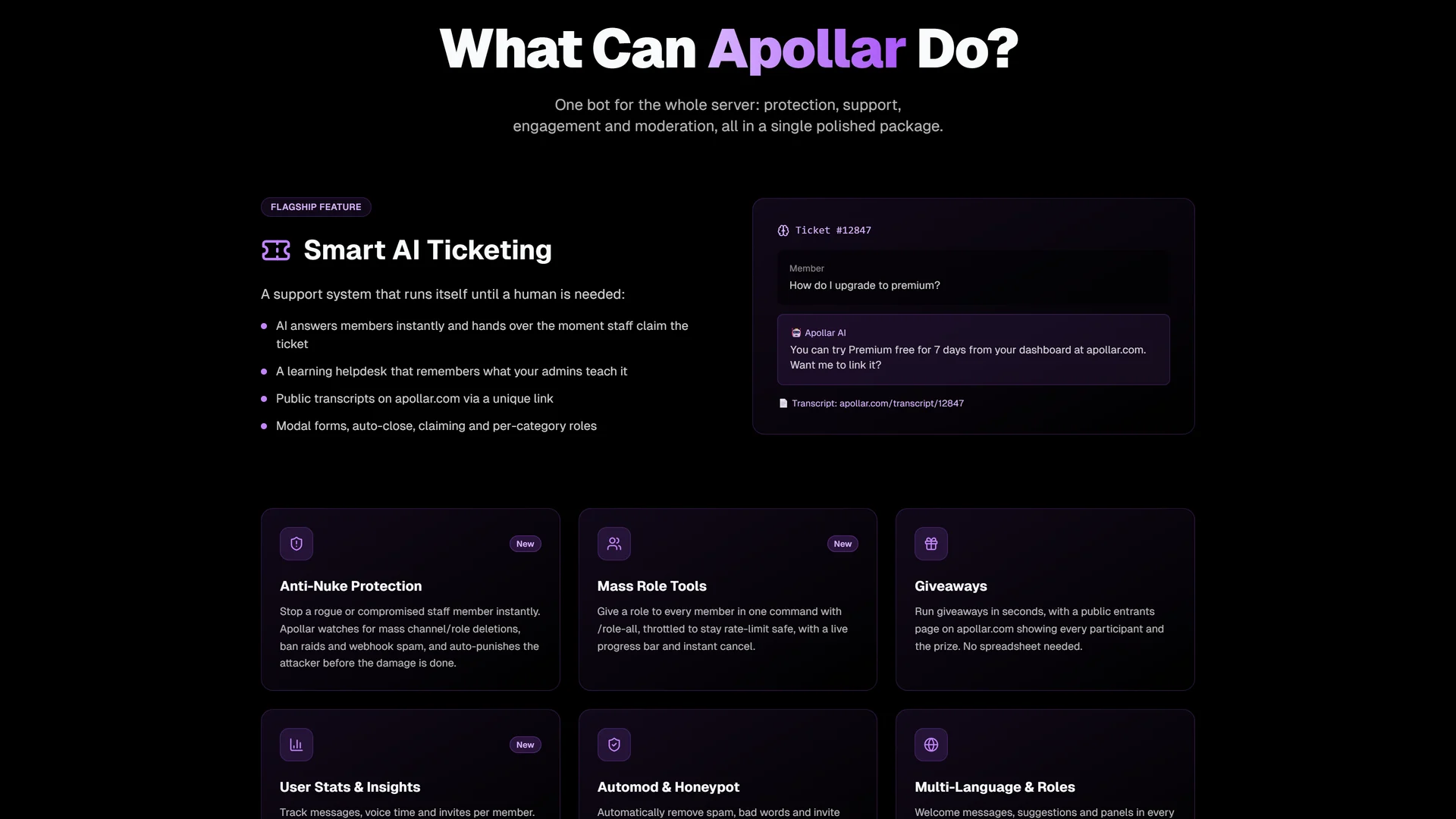 Feature overview: AI ticketing, anti-nuke, mass roles, giveaways, insights, automod