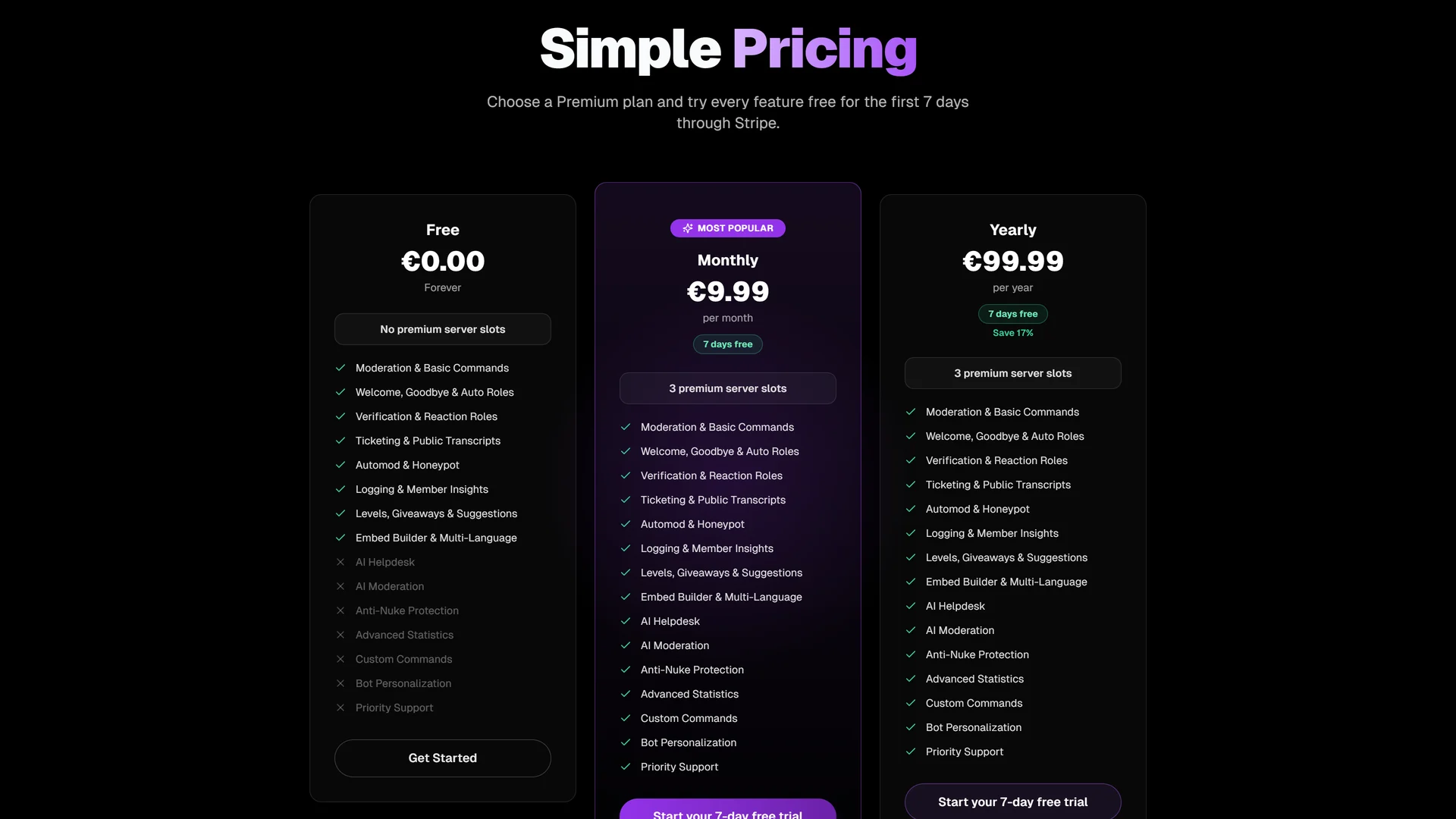 Pricing: Free, Monthly and Yearly plans