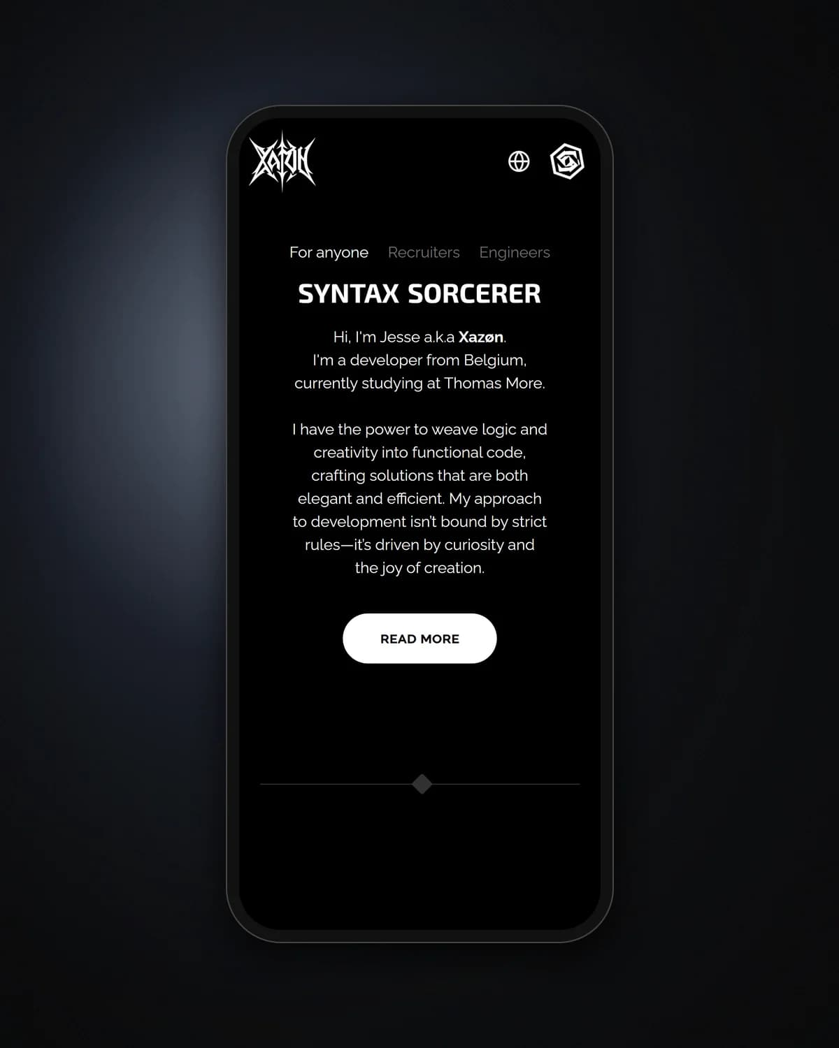 Introduction on a phone with For anyone, Recruiters and Engineers tabs